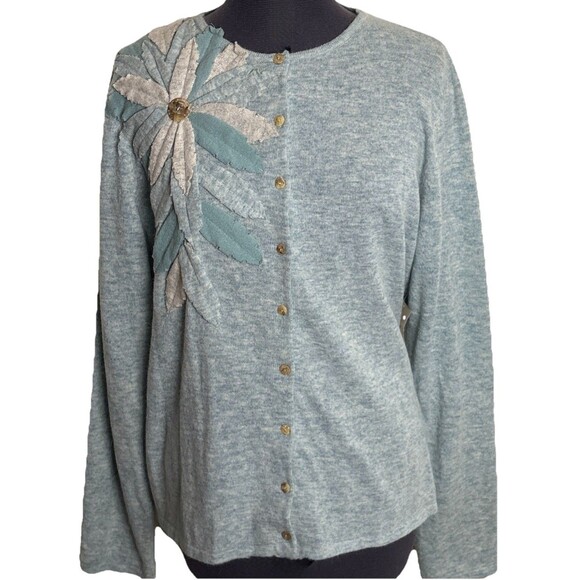 Coldwater Creek Floral Applique Cardigan Sweater Wool Angora XL Blue Artsy Boho - Picture 1 of 10